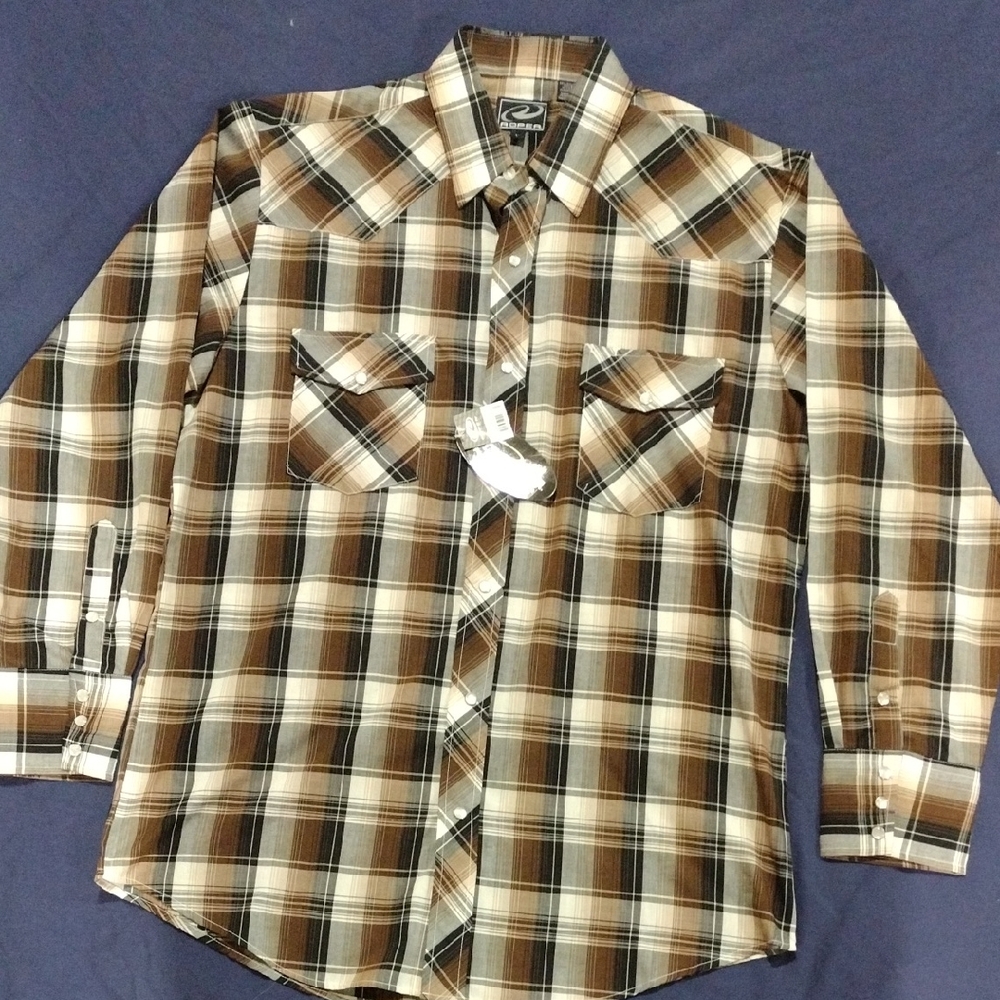 Roper Men's Tan and Brown Plaid Button Down Shirt Size L
